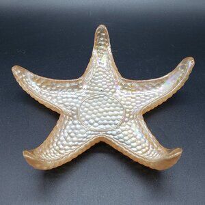 Gold Pearl Iridescent Reverse Painted Art Glass Starfish Candle Holder or Dish